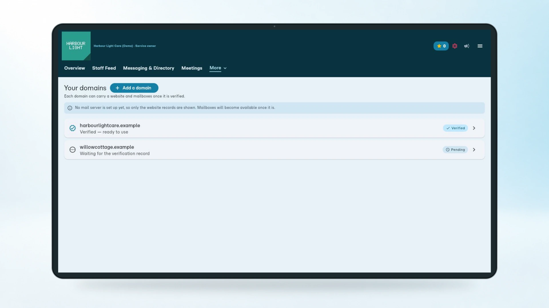 Your domains, one verified and one waiting for its record