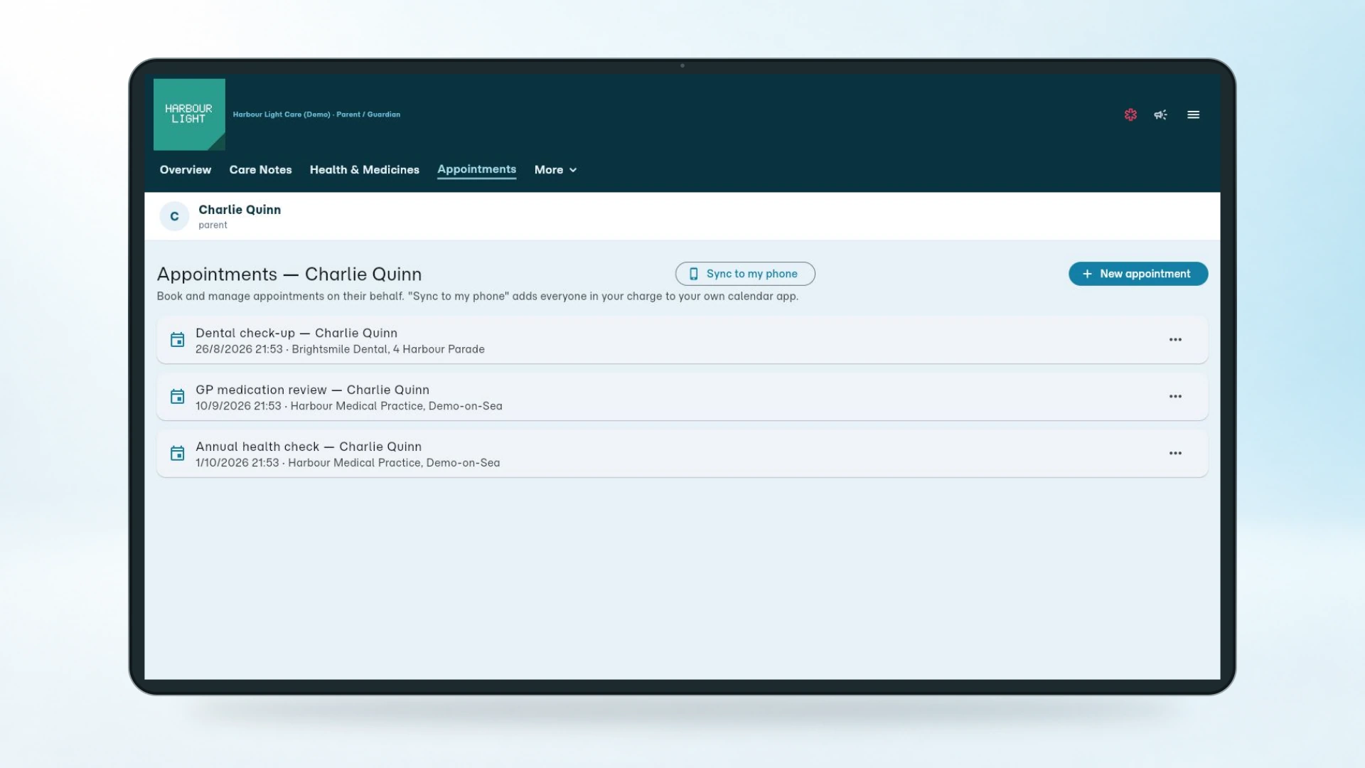 Appointments for Charlie Quinn, with a dental check-up, a GP review and a health check listed