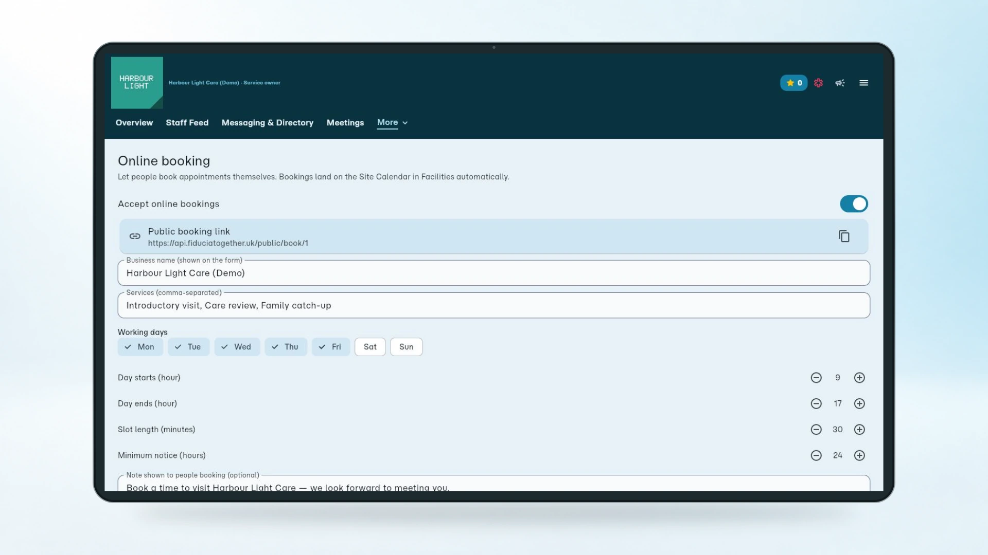 Online booking settings, with a public booking link, services, working days and slot length